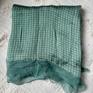 GIORGIO ARMANI Sage Green Monogram 100% Silk Scarf with Ruffled Edges.